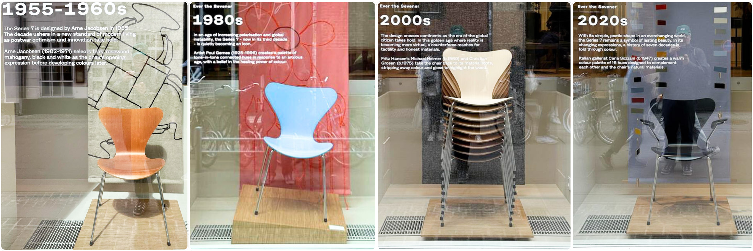 Window display of Fritz Hansen chairs through the years
